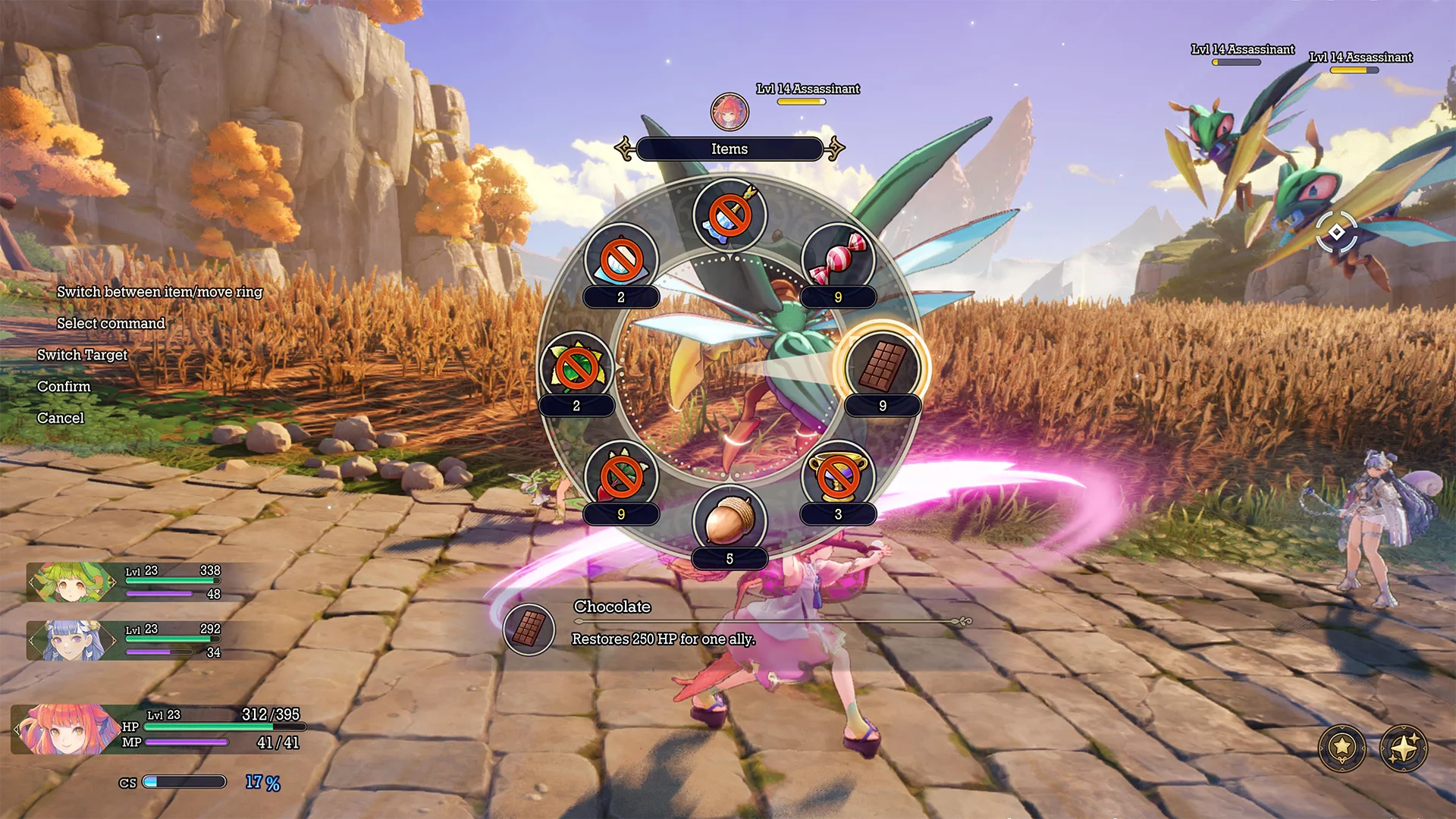 Das Ringmenü in Visions of Mana zeigt eine Auswahl an Items, wie z.B. Schokolade.
