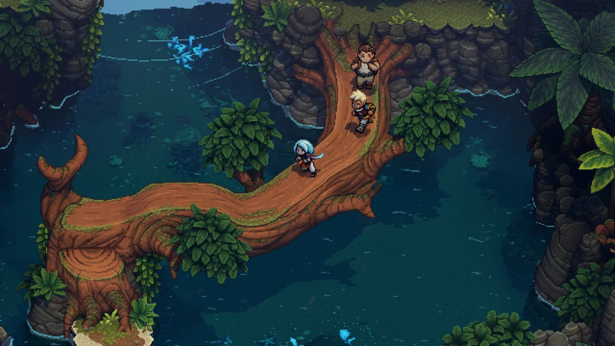 Ein Screenshot des Spiels Sea of Stars zeigt, wie drei kleine Pixel-Figuren über einen riesigen Baum laufen.