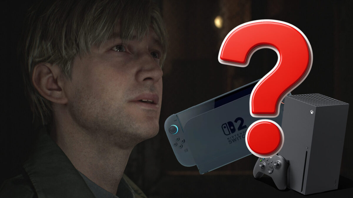A man looks up questioningly. Floating beside him are a Nintendo Switch 2 and an Xbox Series X, with a red question mark hovering above them.