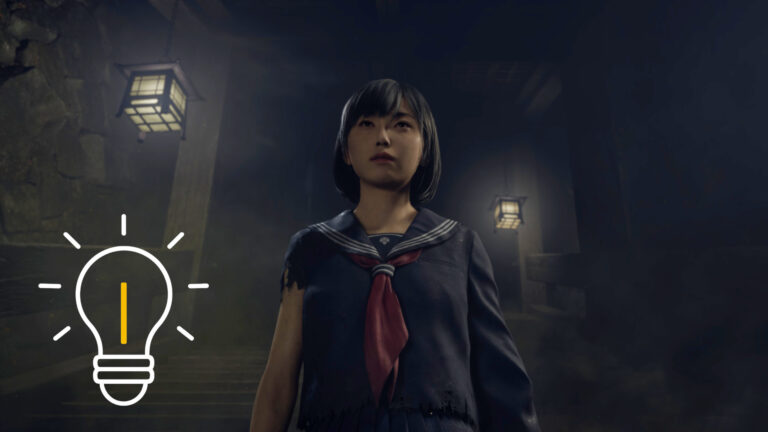 A student in a torn school uniform looks up solemnly while lanterns illuminate the foggy, bleak corridor around her.