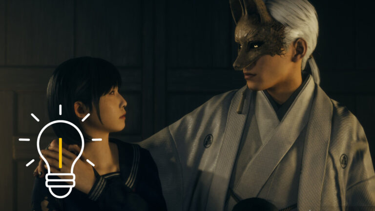 A man with a fox mask and white hair puts his arm around a schoolgirl in uniform.