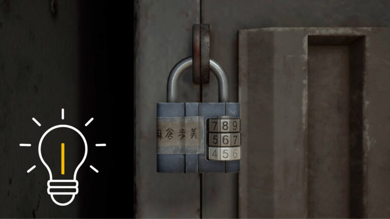 An old combination lock hangs on a door.
