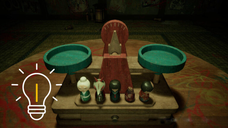 A scale with several wooden figurines.
