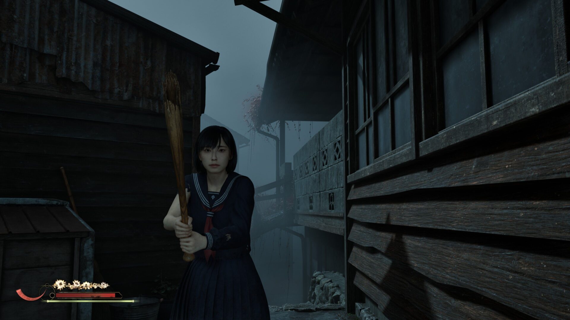 A Japanese schoolgirl holds a broken baseball bat.