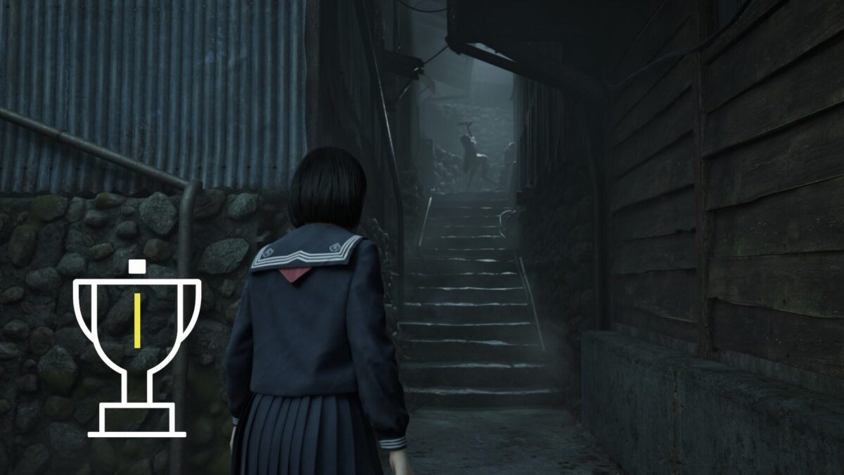 A young woman stands at the bottom of a staircase, looking up at a zombie.