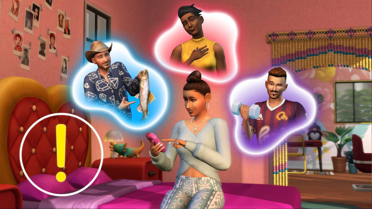 A Sim is sitting on the bed, tapping away on her phone.