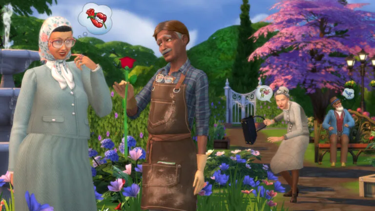 Mehrere ältere Sims, die in einem Garten stehen. Einer der Sims gibt einem anderen eine Rose.