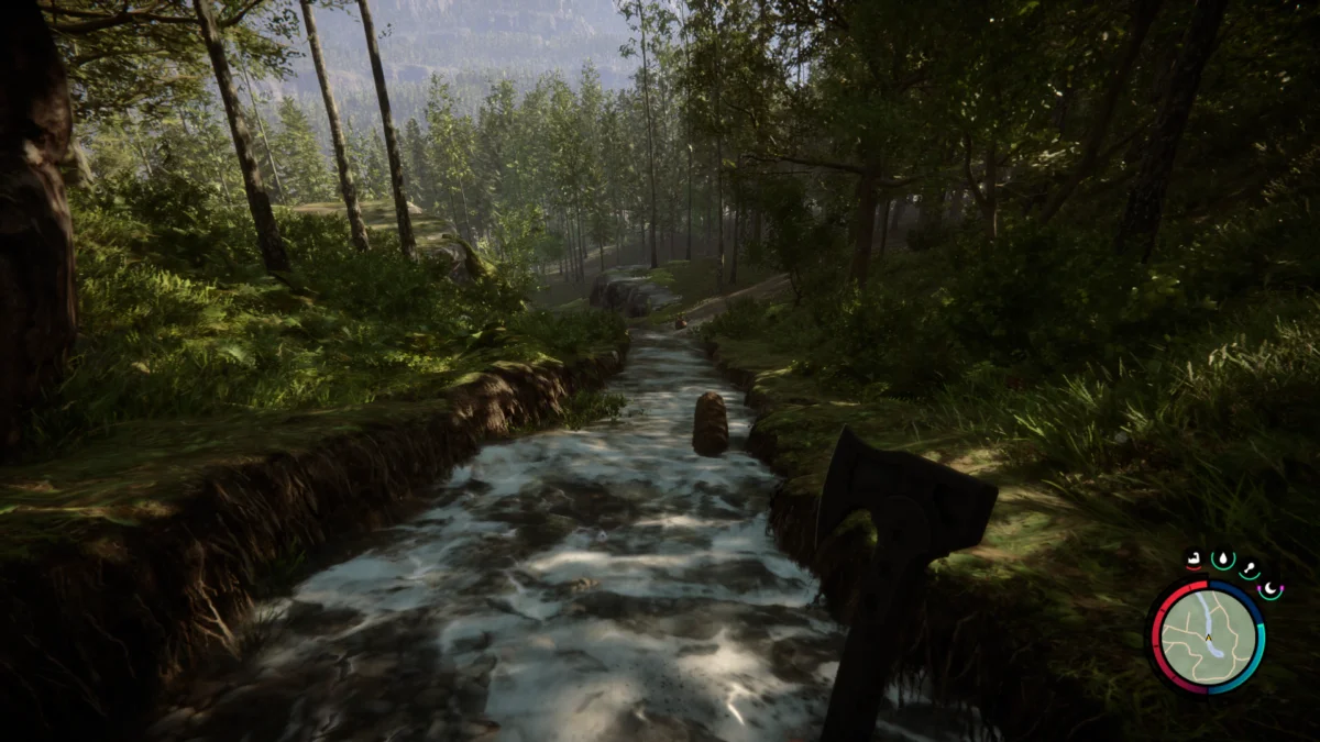 In Sons of the Forest habt ihr die Wahl zwischen Seilbinde und Fluss, um Baumstämme schnell zu transportieren.