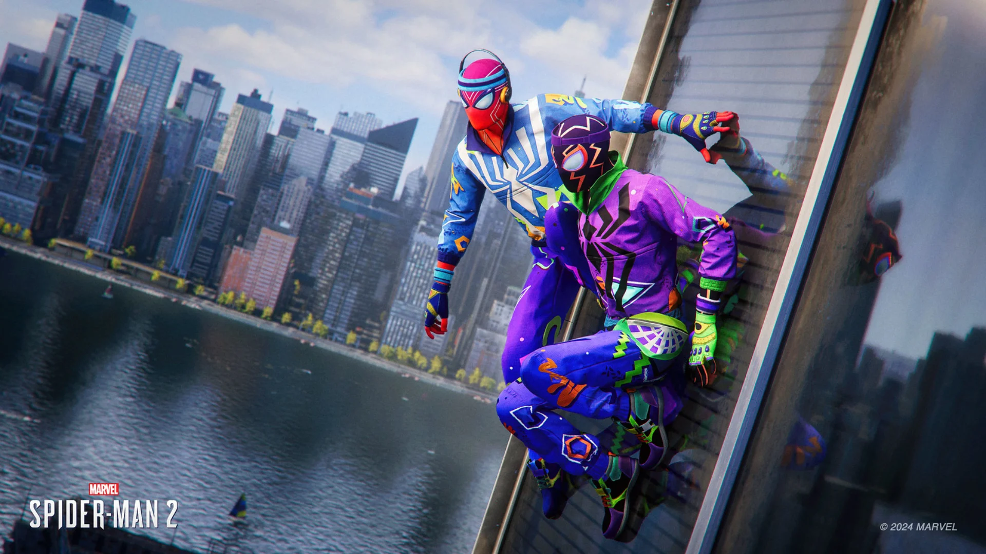 Peter Parker und Miles Morales sitzen an der Fassade eines Wolkenkratzers.