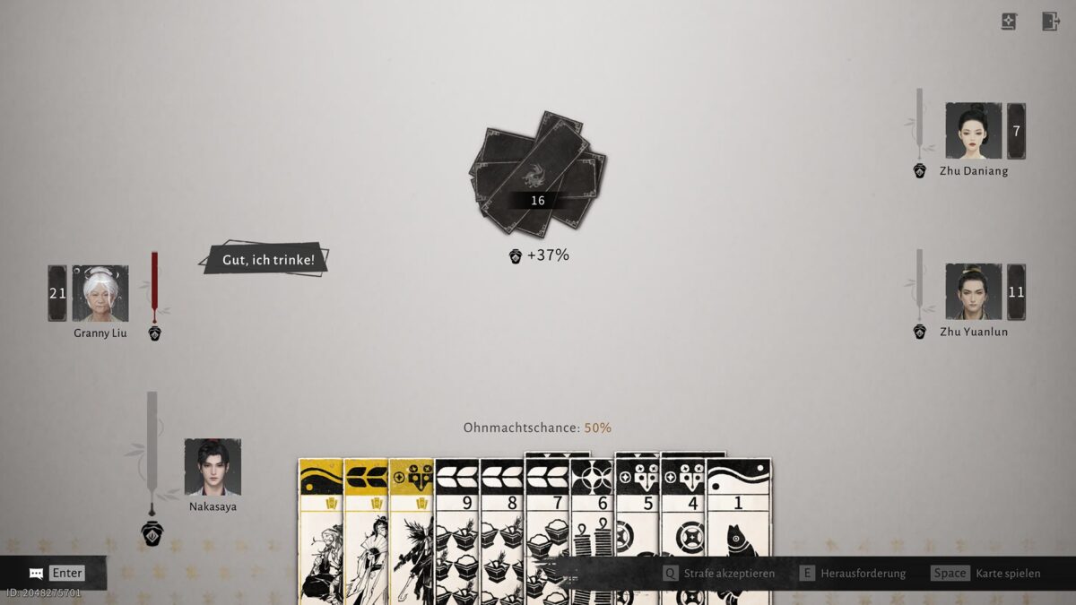 Madiao Kartenspiel im Match: Spieler trinken, Karten werden ausgespielt, Ohnmachtschance steigt während der Runde