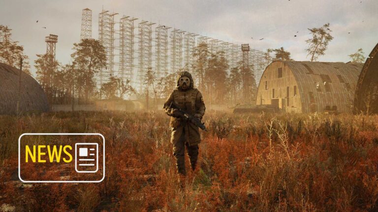 Eine Person mit Gasmaske und Waffe, läuft über ein Feld.