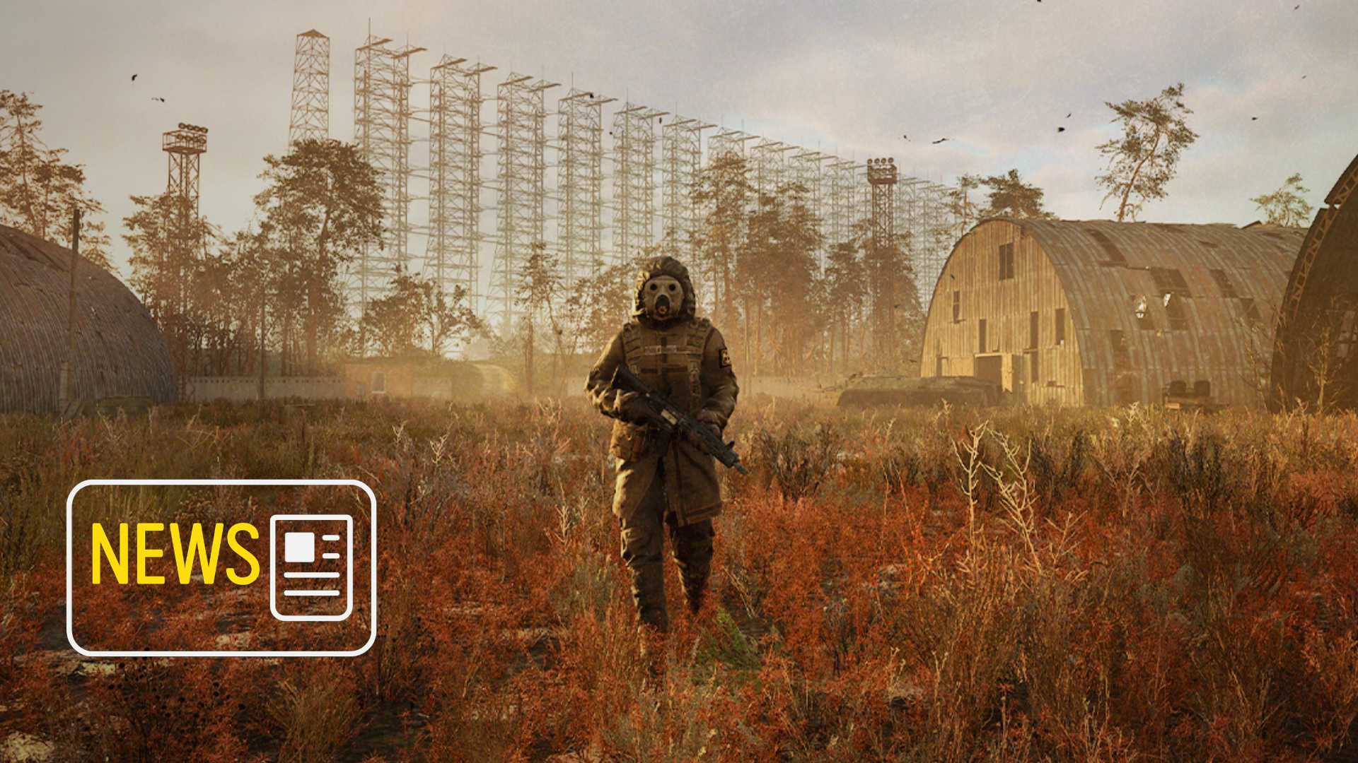 A person wearing a gas mask and carrying a weapon runs across a field.