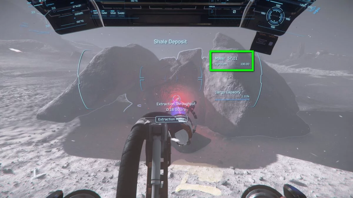 Mining-Laser in Star Citizen extrahiert Material aus einem Felsbrocken