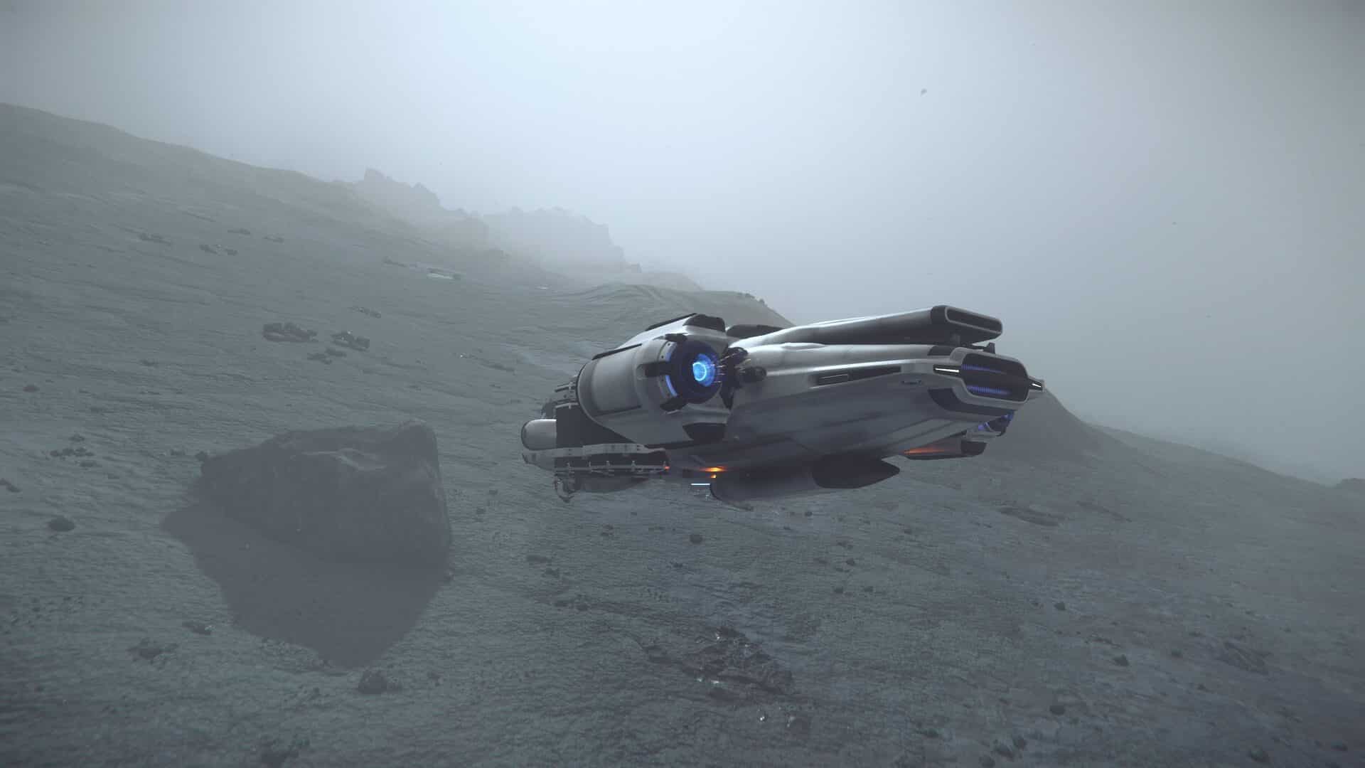 Prospector im Nebel auf einem Mond in Star Citizen