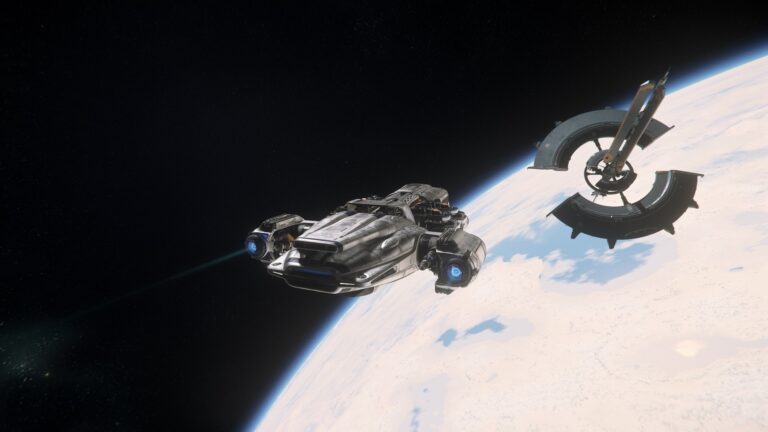 Raumschiff Prospector im Anflug auf Raumstation Port Tressler über dem Planeten MicroTech