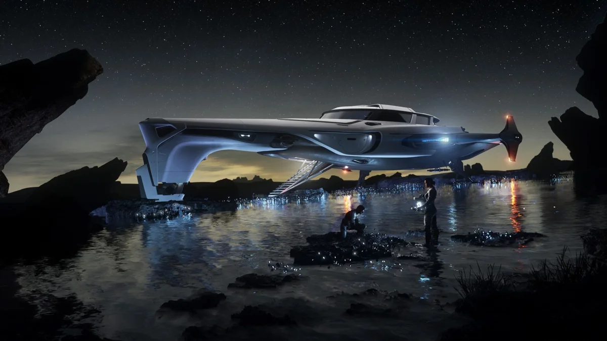 Raumschiff Origin 400i in Star Citizen, gelandet, davor Charaktere bei der Untersuchung von Gegenständen in einem Flussbett