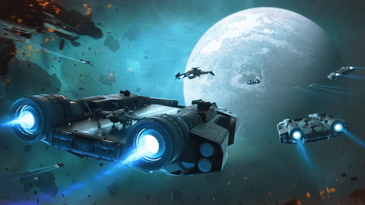 Mehrere Anvil Liberator Trägerschiffe mit Raumschiffen auf Landepads in Star Citizen im Anflug auf einen Planeten