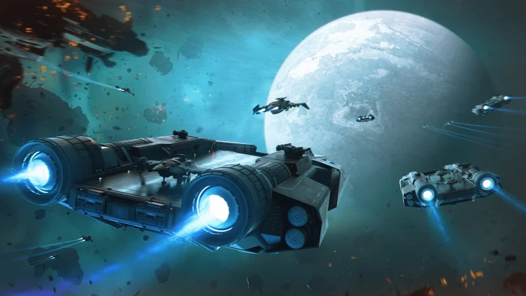 Mehrere Anvil Liberator Trägerschiffe mit Raumschiffen auf Landepads in Star Citizen im Anflug auf einen Planeten