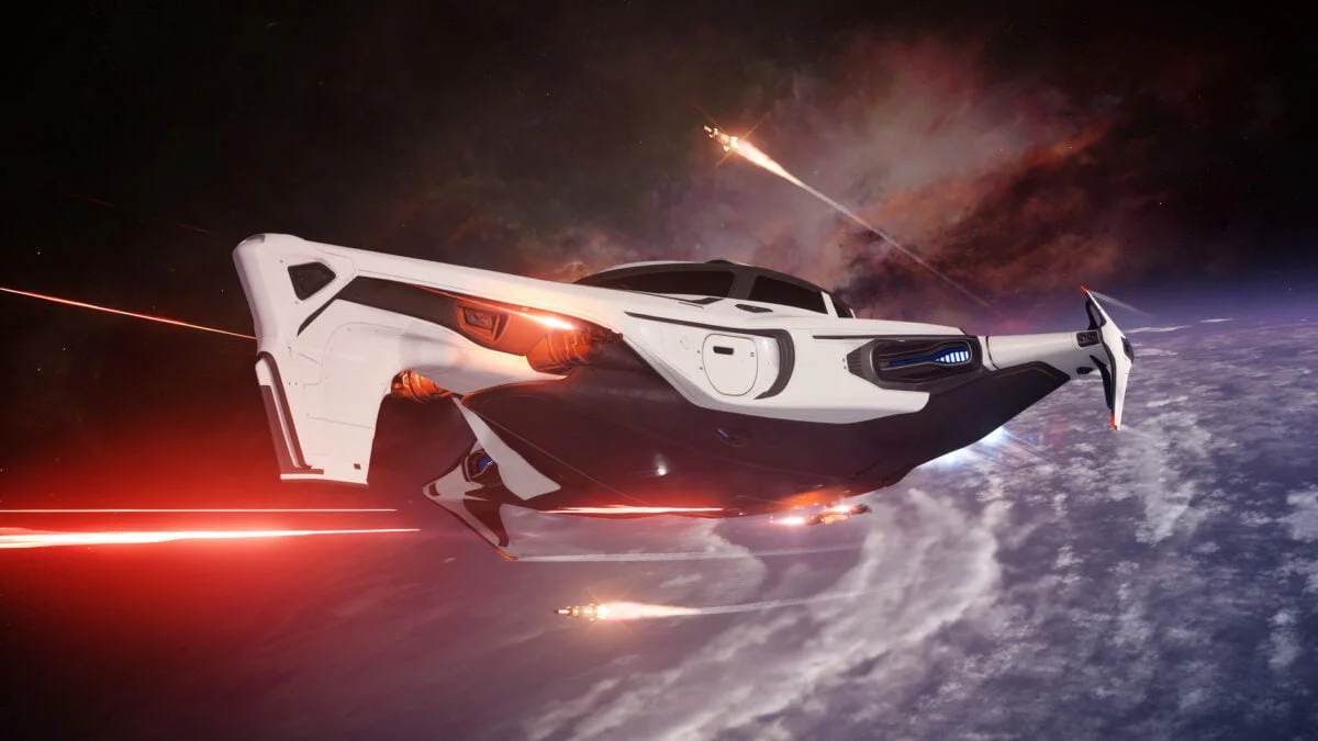 Raumschiff Origin 400i in Star Citizen feuert Raketen ab