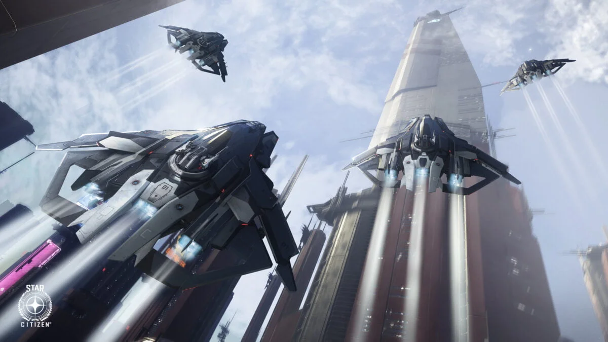 Anvil F8 Raumschiffe fligen vor einem Skyscraper in Star Citizen nach oben
