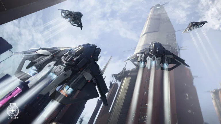 Anvil F8 Raumschiffe fligen vor einem Skyscraper in Star Citizen nach oben