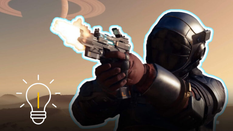 Starfield Cheats: Astronaut feuert Pistole vor Wüstenplanet mit Ringen, Gameplay-Szene mit Tipps-Icon und Sci-Fi-Atmosphäre.