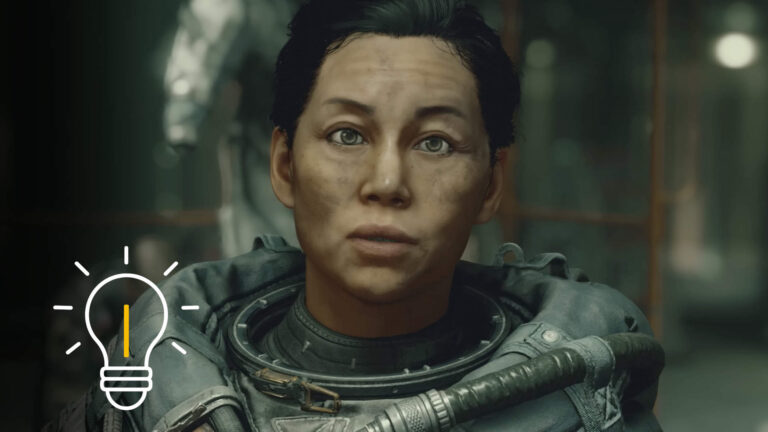 Starfield-Quest-Szene: Raumfahrerin im Anzug blickt nachdenklich, Hinweis-Icon signalisiert Tipp oder Lösung im Spielgeschehen