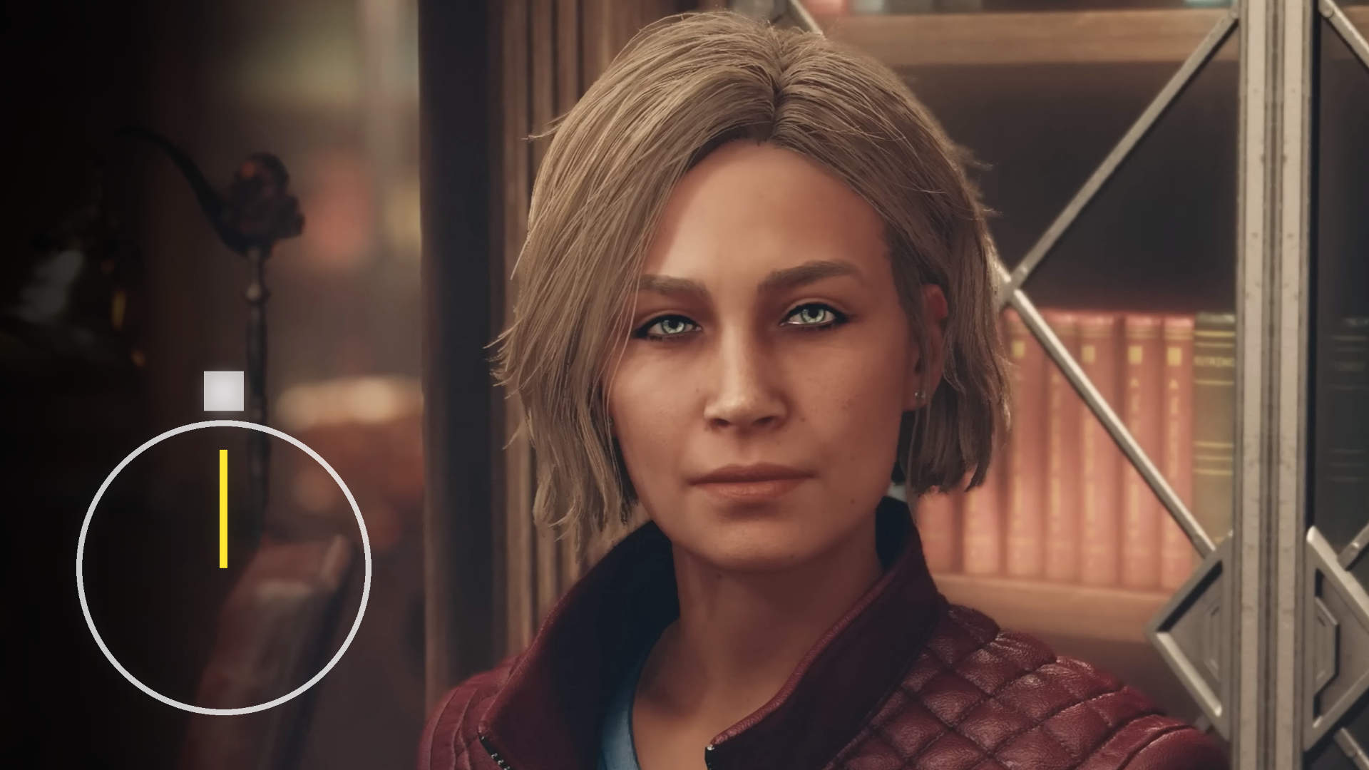 Starfield NPC im Gespräch: Frau mit kurzem Haar vor Bücherregal, Hinweis-Icon zeigt Tipp zur Spielzeit oder Quest-Entscheidung