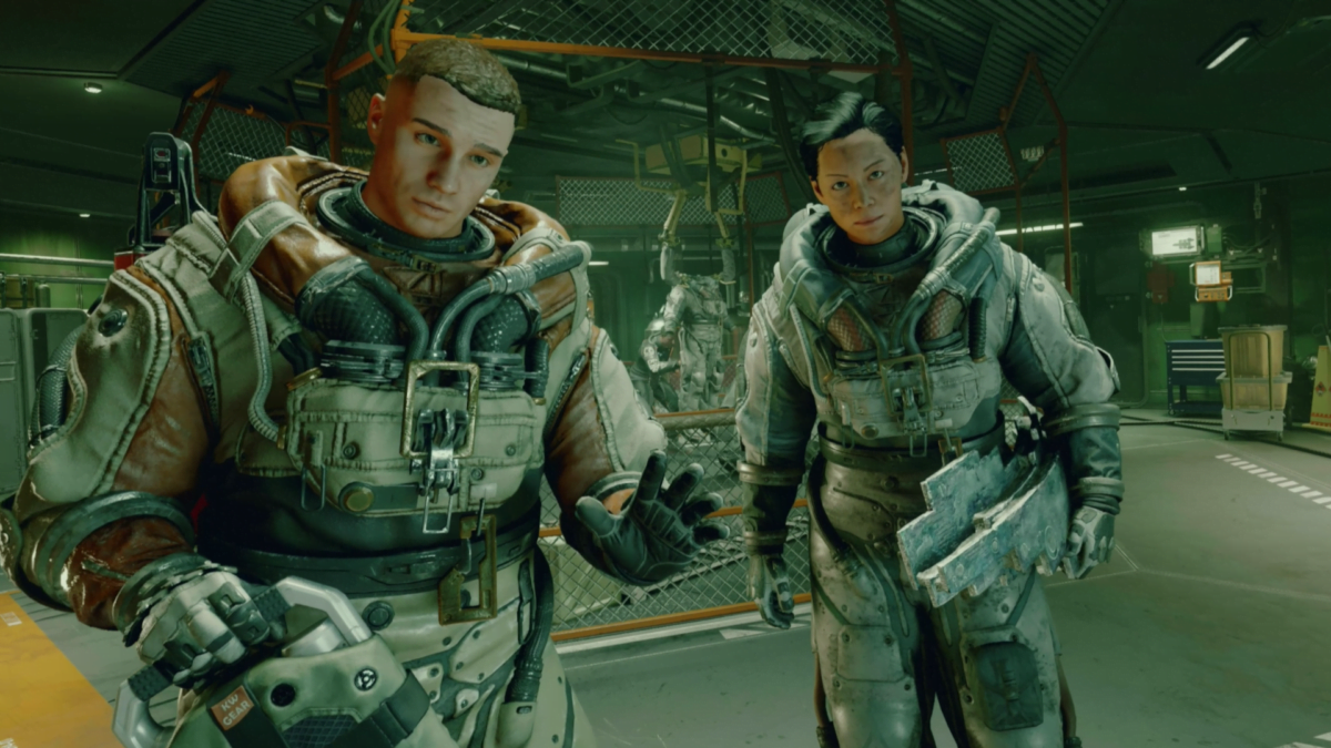 Zwei Minenarbeiter in Raumanzügen blicken während der Anfangssequenz von Starfield besorgt drein.