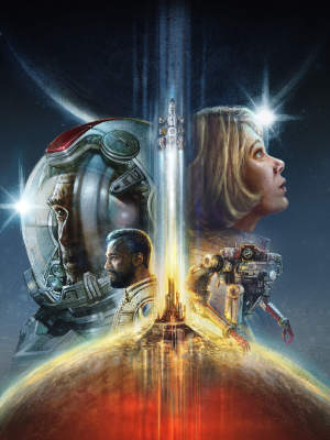 Starfield Key-Art: Astronaut und Frau blicken ins All, Raumschiff startet von Planet – episches Sci-Fi-Abenteuer im Weltraum-Rollenspiel.
