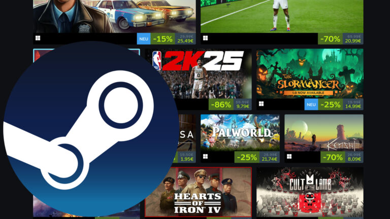 Das Steam-Logo vor einer Shopping-Seite mit verschiedenen Spiele-Angeboten.