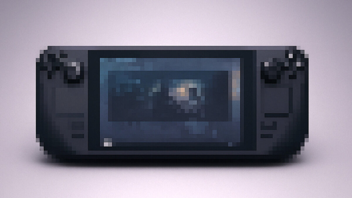 Ein verpixeltes Steam Deck auf weißem Hintergrund.