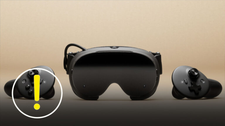 Schwarzes VR-Headset mit zwei passenden Controllern auf hellem Hintergrund; links im Bild ein auffälliges gelbes Ausrufezeichen.