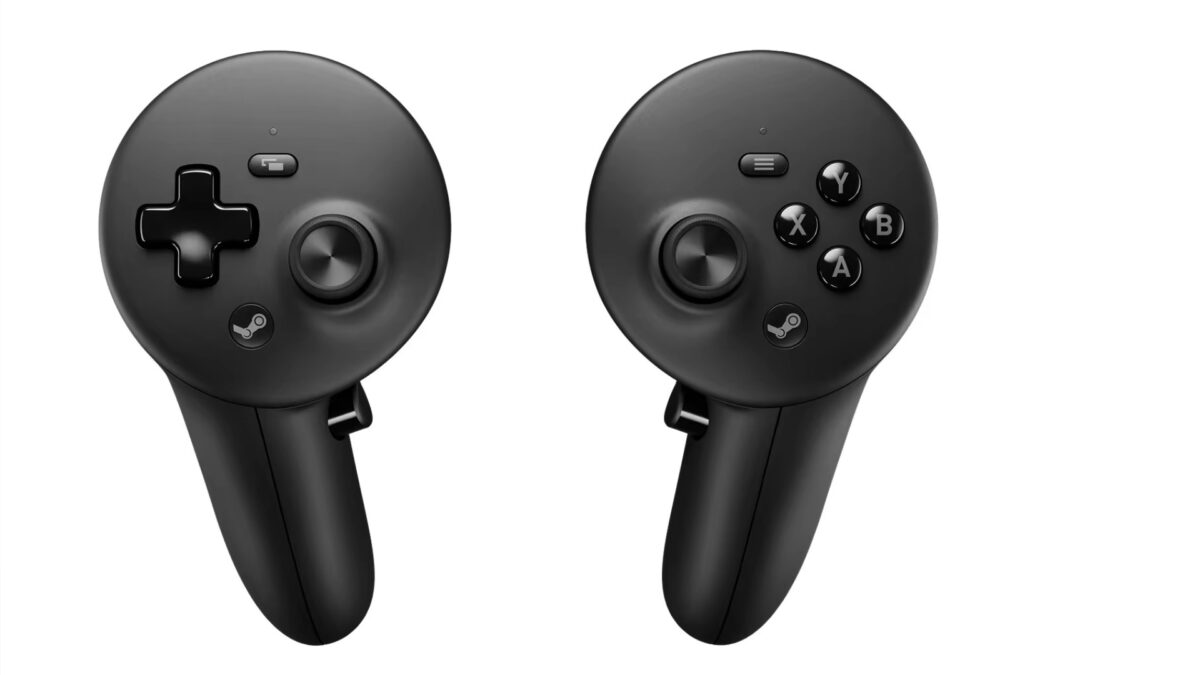 Zwei schwarze VR-Controller in Frontansicht; der linke mit Steuerkreuz und Analogstick, der rechte mit den Knöpfen A, B, X, Y und Analogstick – beide im gleichen minimalistischen Design.
