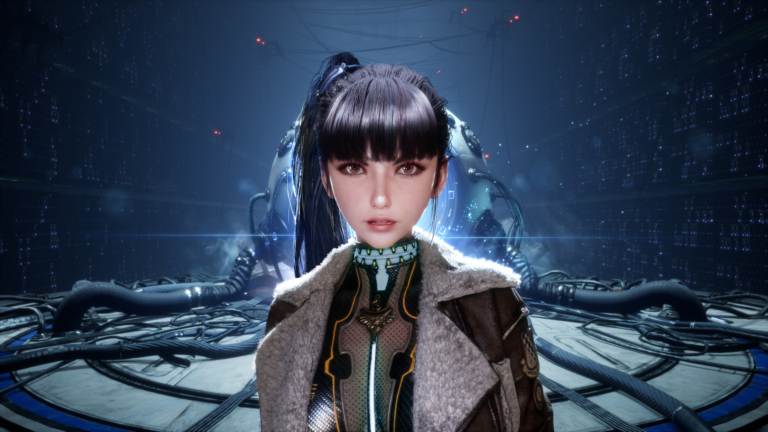 Die Protagonistin Eve aus Stellar Blade blickt mit langem Pferdeschwanz und brauner Lederjacke in dic Kamera.