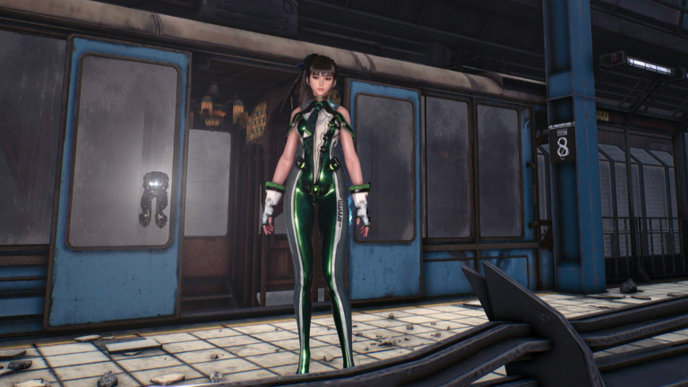 Heldin Eve steht in Stellar Blade vor einer Monorail-Bahn.
