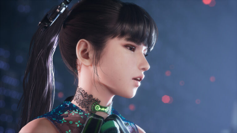 Eve aus Stellar Blade in Nahaufnahme mit blauem Hintergrund.