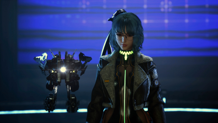 Protagonistin Eve steht in Stellar Blade neben einer fliegenden Drohne.