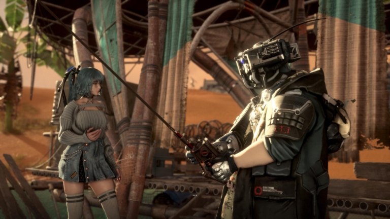In Stellar Blade unterhält sich Protagonistin Eve mit dem angelnden NPC Clyde.