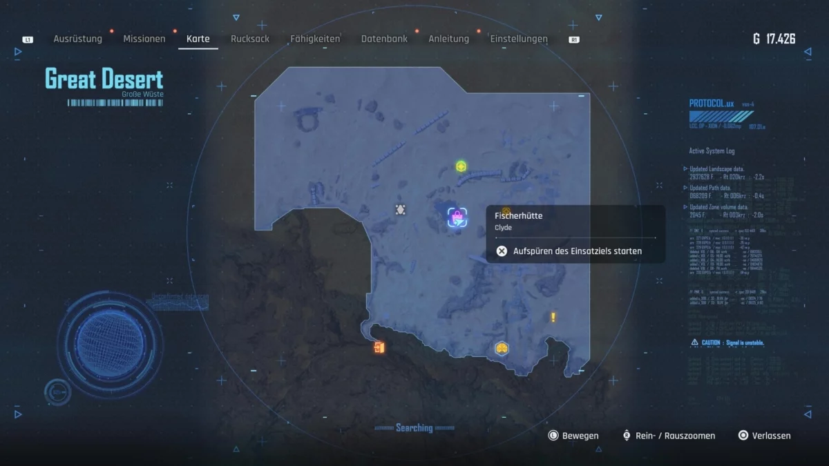 Ein Ausschnitt der Karte "Große Wüste" in Stellar Blade markiert den Standort "Fischerhütte".