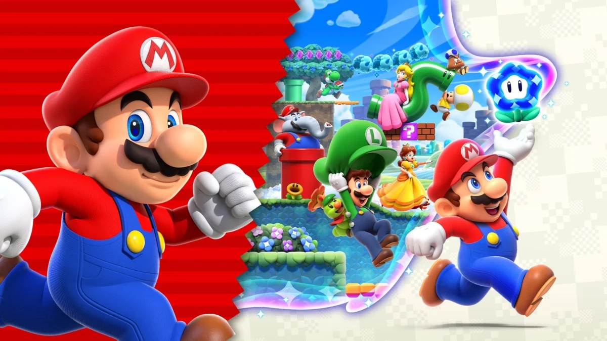 Ein Plakat zeigt Bildausschnitte aus Super Mario Run und Super Mario Bros. Wonder.