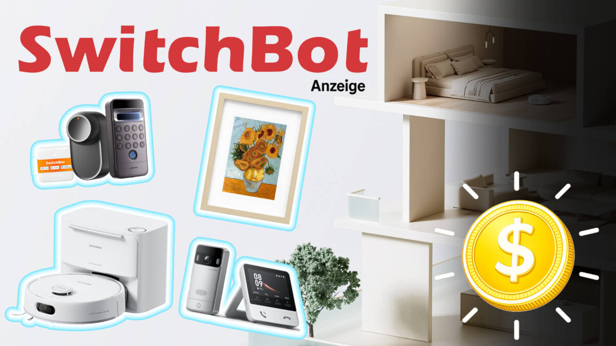 SwitchBot Frühjahrs-Sale: Smarthome-Geräte wie Türschloss, Saugroboter, Videotürklingel und Display vor Hausmodell mit großem Sparsymbol.