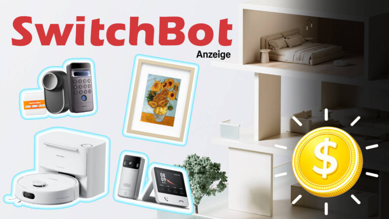 SwitchBot Frühjahrs-Sale: Smarthome-Geräte wie Türschloss, Saugroboter, Videotürklingel und Display vor Hausmodell mit großem Sparsymbol.