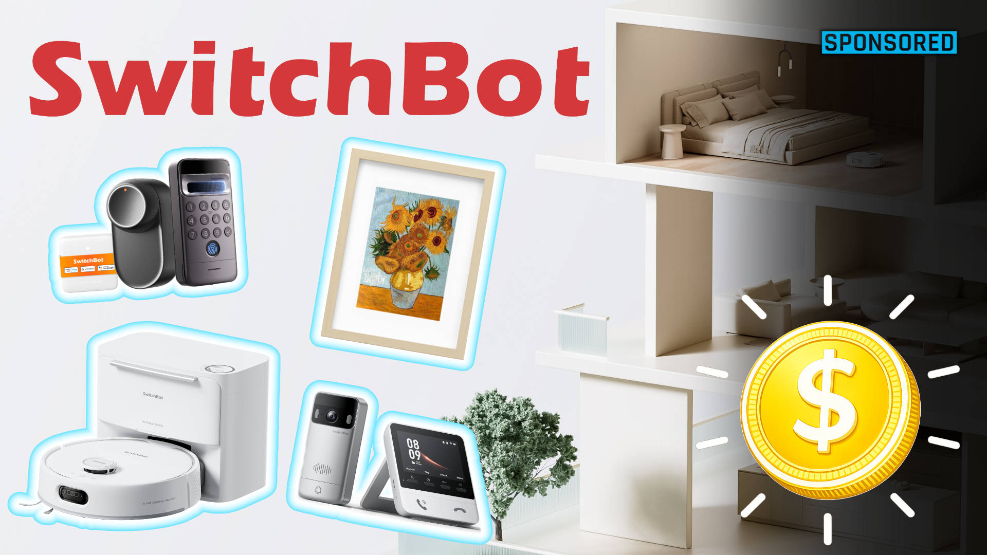 SwitchBot Spring Sale: smart home devices such as a door lock, robot vacuum, video doorbell, and display placed in front of a house model with a large savings symbol.
