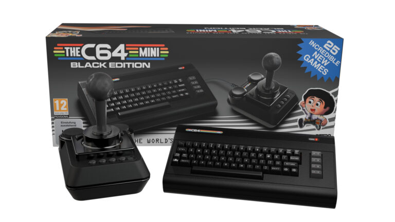 Die Spielekonsole THEC64 Mini Black Edition und seine Verpackung auf weißem Hintergrund.