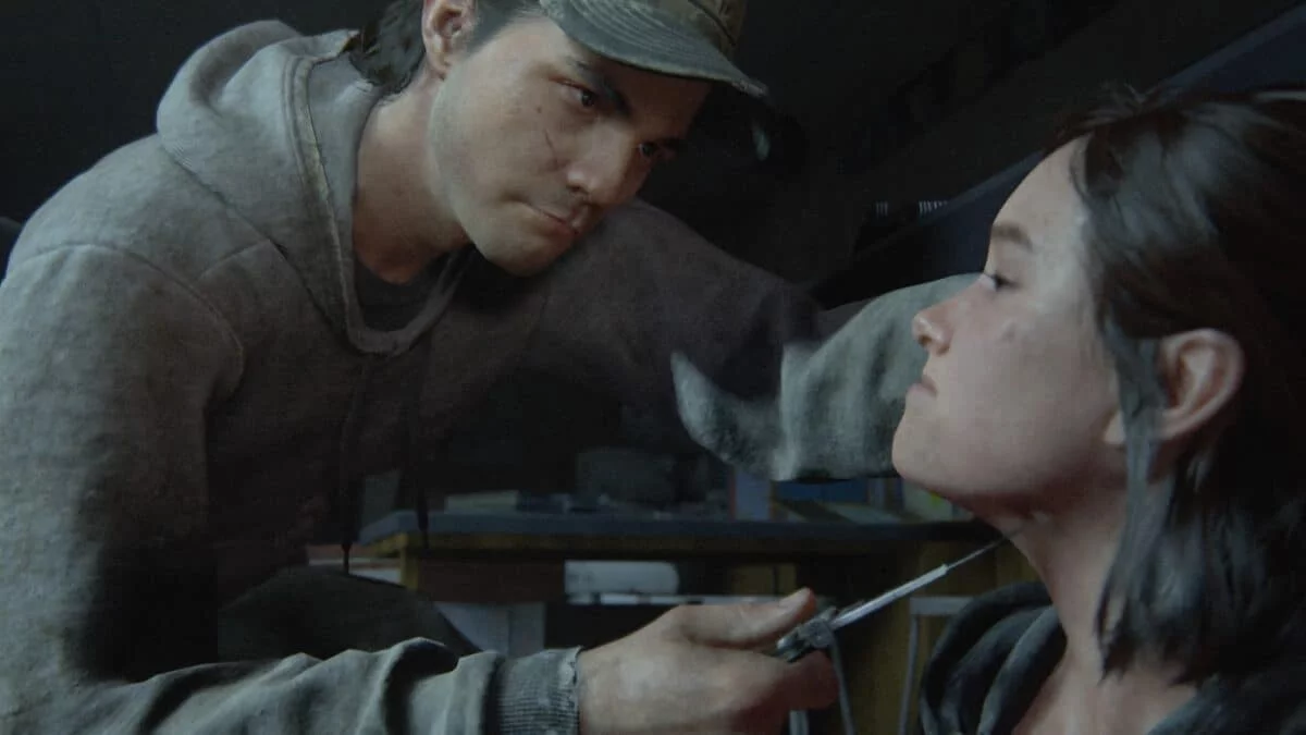 Jordan hält Ellie in The Last of Us Part 2 ein Messer an die Kehle