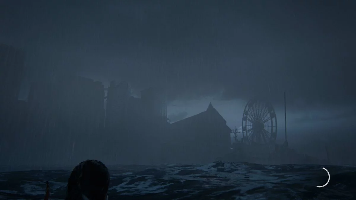 Ellie schwimmt in The Last of Us 2 auf ein Riesenrad zu.