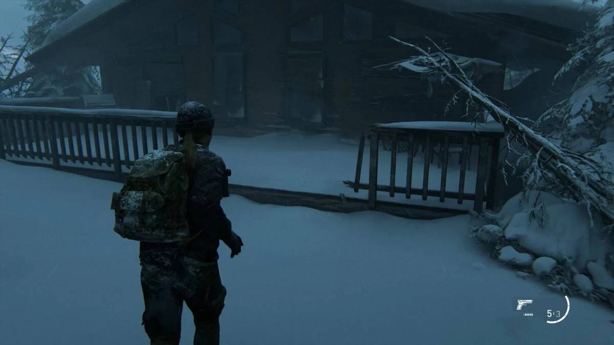 Abby läuft auf eine Hütte mit Veranda in The Last of Us 2 zu