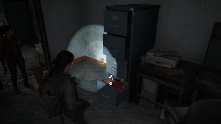 Supplements in the bottom drawer of the file cabinet on the left in the Bank of Meridian office in The Last of Us 2.