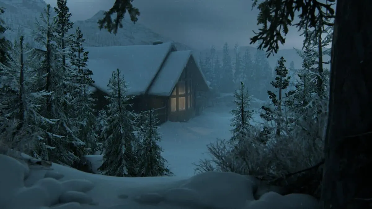 Hütte von oben in Winterlandschaft in The Last of Us 2